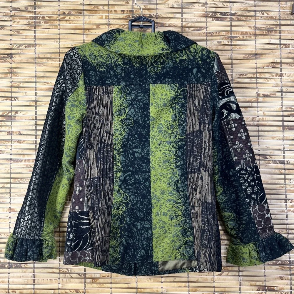 Lindi Jacket Womens S Green Black Silk Blend Art to Wear Patchwork Ruffle Cuff